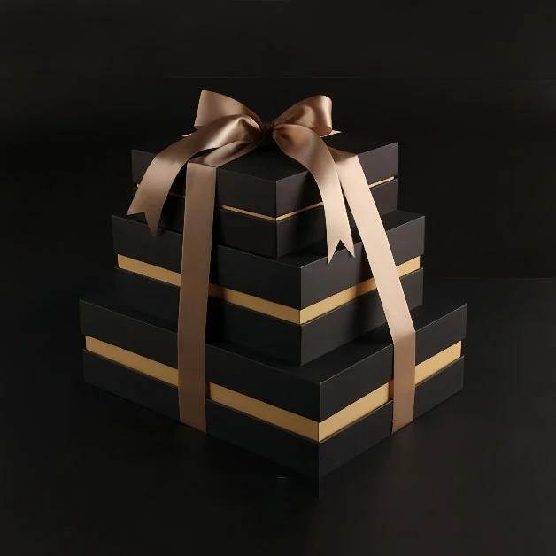 Multi Size Rigid Gift Box Set With Gold Ribbon And Lid